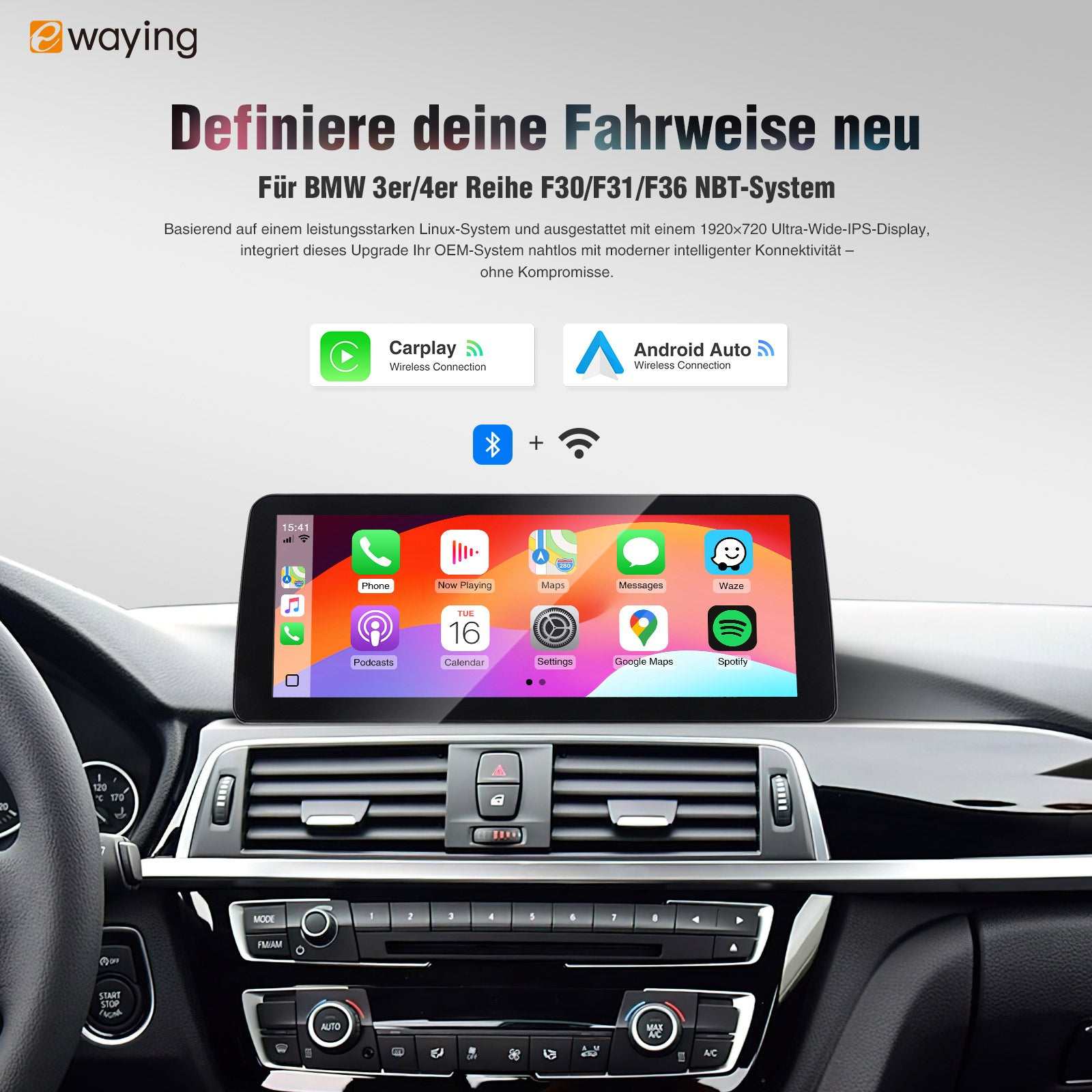 Kabelloses Apple CarPlay + Android Auto für BMW Series3 4 F30 F31 F34 F32 F33 F36 F80 Bildschirm 10,25"