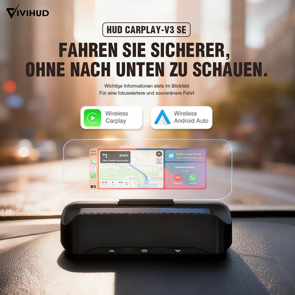 VIVIHUD V3 SE Head-up Display Kabelloses CarPlay Und Android Auto Hochauflösende Projektionsnavigation Bluetooth Musiksteuerung