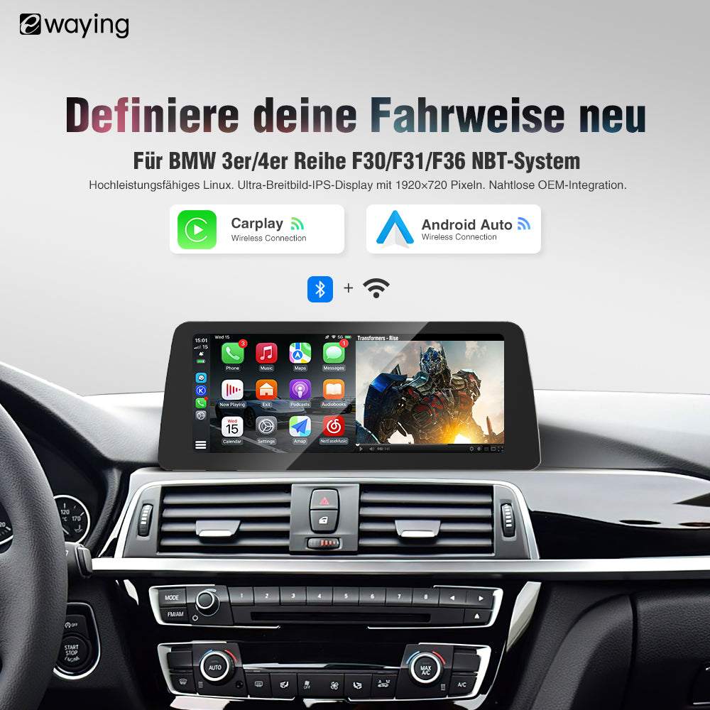 Kabelloses CarPlay Android Auto Display mit Ultrabreitem IPS-Panel, 4-Kamera-Eingang, OEM-Integration für BMW NBT-Systeme, Sprachsteuerung, YouTube/Netflix