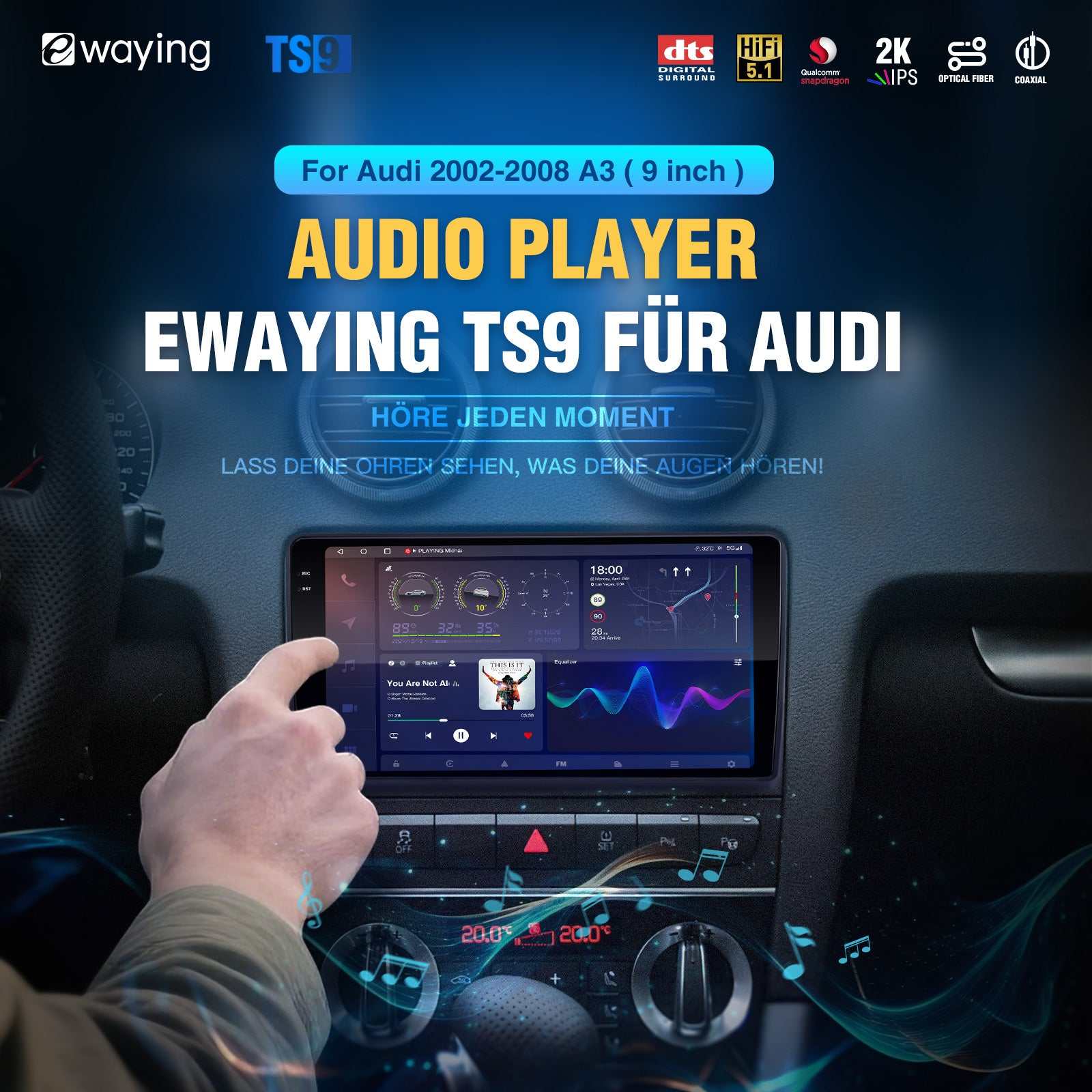 Autoradio Apple Carplay Android Auto 2K-Bildschirm für Audi A3 S3 RS3 2002-2009 GPS Bluetooth Head Unit Stereo-Audio-Player Rückfahrkameragerät