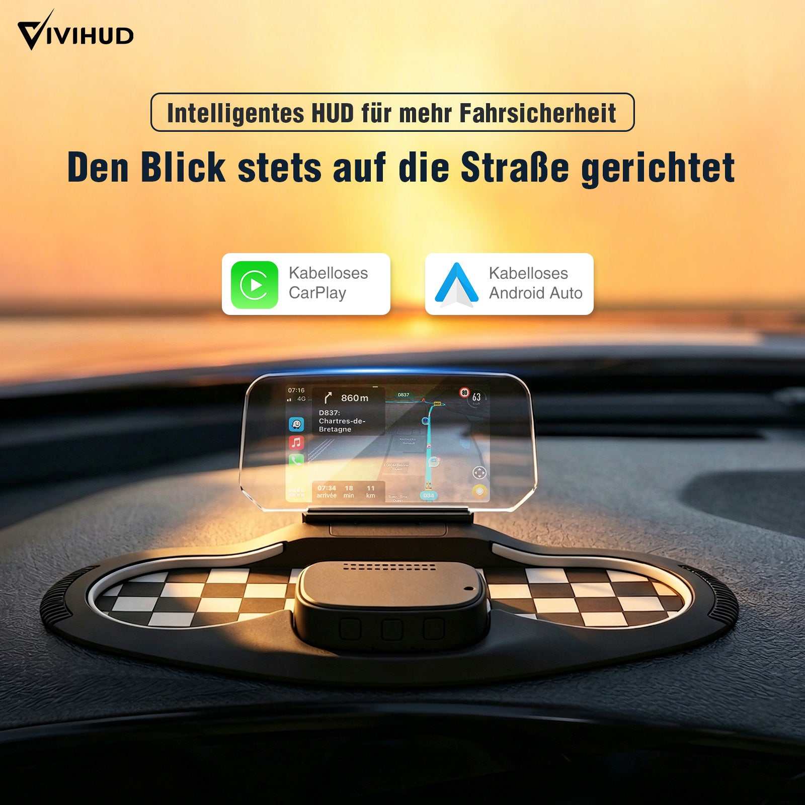 VIVIHUD Wireless CarPlay Android Auto V5 Ultra HUD Für Auto Head-Up Display Mit OBD Dashboard Im Fahrzeug Bluetooth GPS Navigation Geschwindigkeit