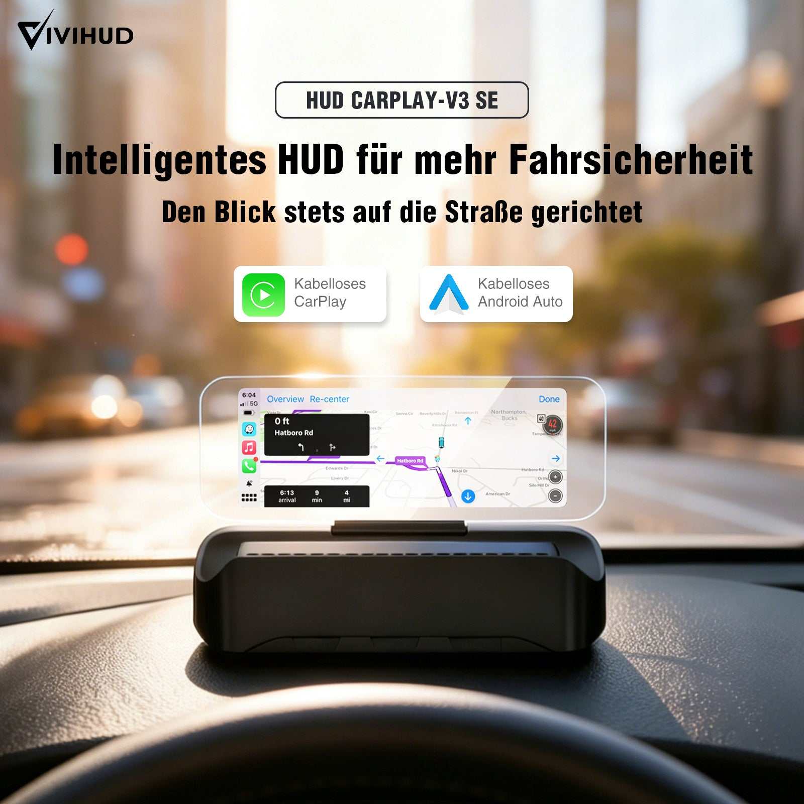 VIVIHUD V3 SE Head-up Display Kabelloses CarPlay Und Android Auto Hochauflösende Projektionsnavigation Bluetooth Musiksteuerung