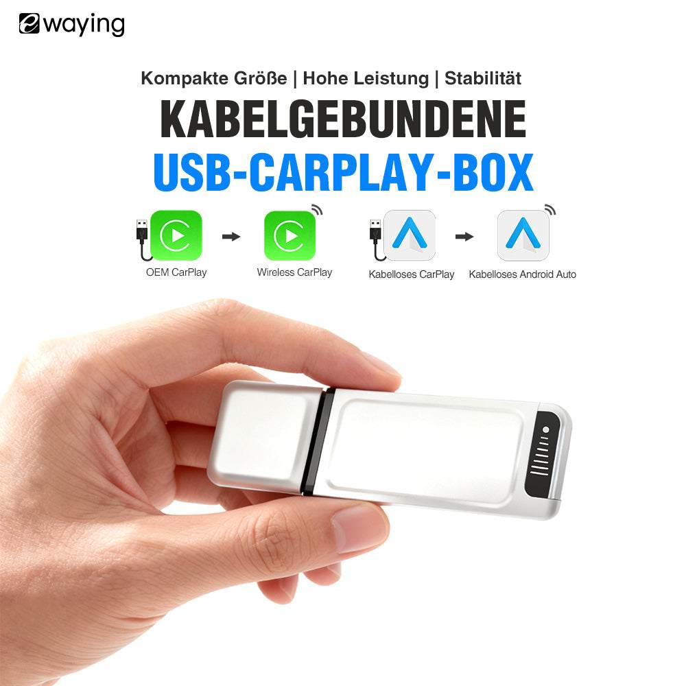 Der 2-in-1-Adapter für CarPlay und Android Auto wandelt eine kabelgebundene Verbindung in eine drahtlose um und ist über USB mit Fahrzeugen kompatibel, die über CarPlay oder Android Auto verfügen.