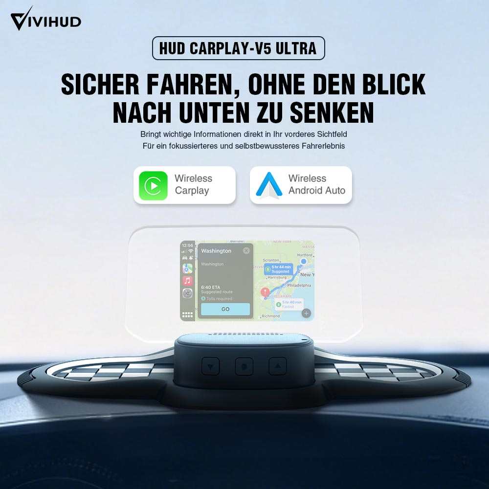 VIVIHUD Wireless CarPlay Android Auto V5 Ultra HUD Für Auto Head-Up Display Mit OBD Dashboard Im Fahrzeug Bluetooth GPS Navigation Geschwindigkeit