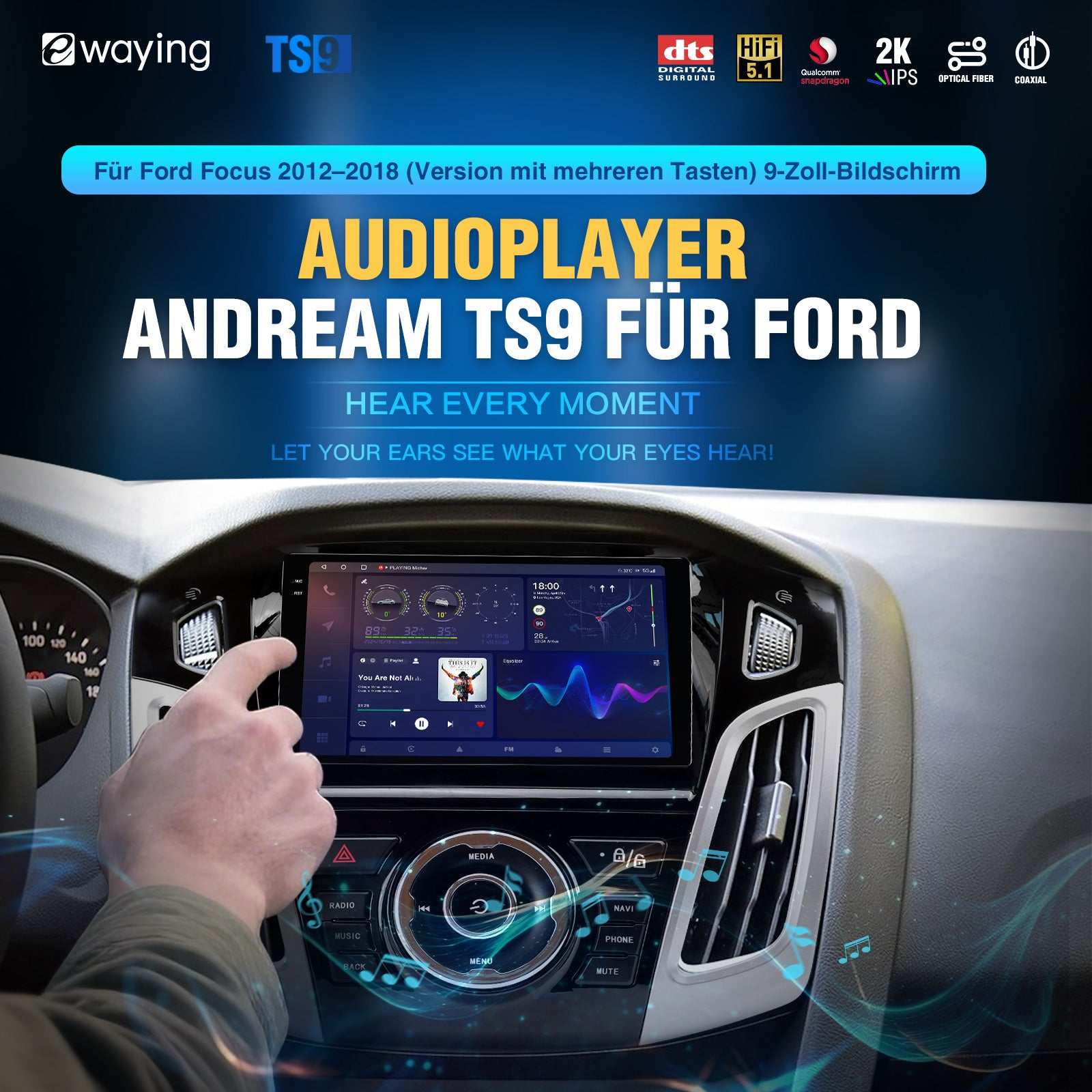 Upgrade 5G WIFI-Autoradio für Ford Focus 2012–2018 9 Zoll Stereo-Ersatz kabelloses Carplay Android Auto Original DTS Bluetooth GPS-Navigation