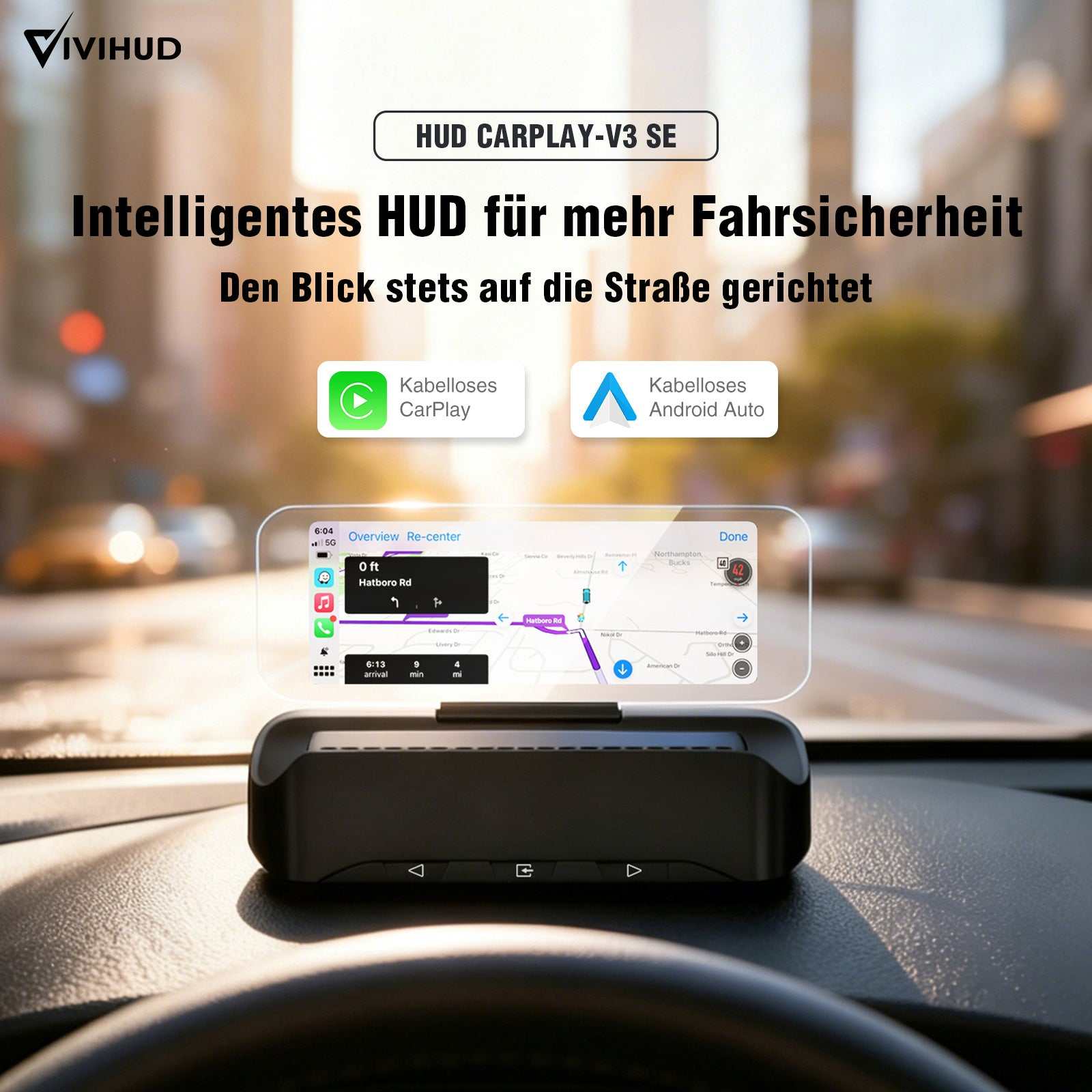 VIVIHUD V3 SE Head-up Display Kabelloses CarPlay Und Android Auto Hochauflösende Projektionsnavigation Bluetooth Musiksteuerung