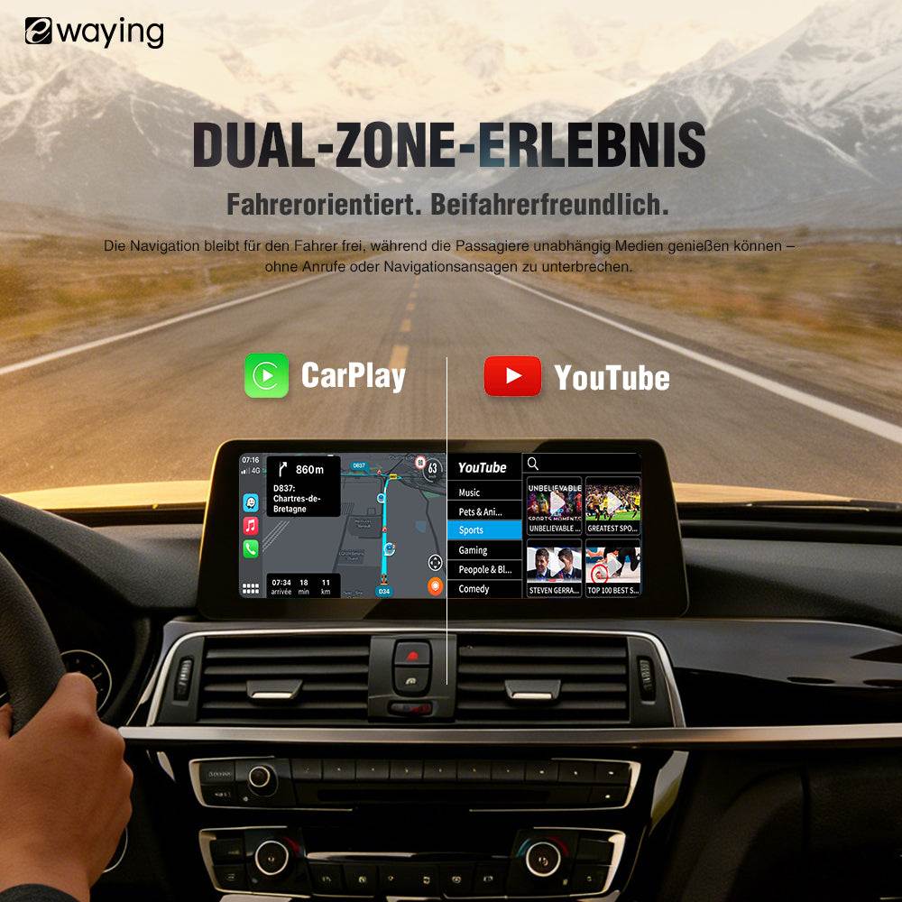 Kabelloses CarPlay Android Auto Display mit Ultrabreitem IPS-Panel, 4-Kamera-Eingang, OEM-Integration für BMW NBT-Systeme, Sprachsteuerung, YouTube/Netflix