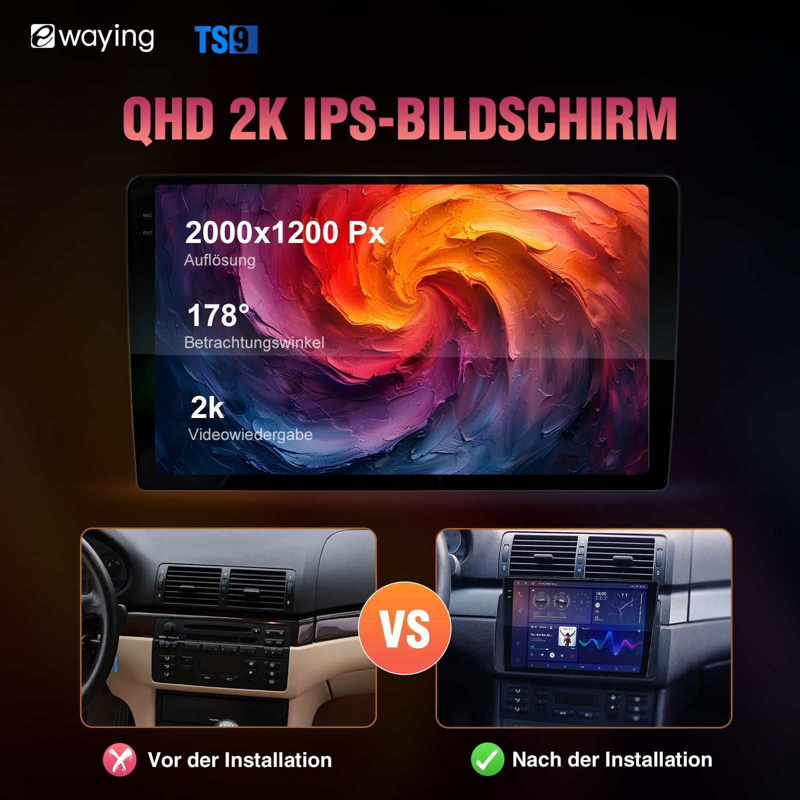 Android 14 Kabelloses Apple CarPlay Android Auto-Autoradio mit 8 GB RAM 9 Zoll 2k-Touchscreen für 1999-2005 BMW E46