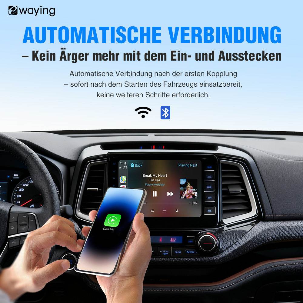 Der 2-in-1-Adapter für CarPlay und Android Auto wandelt eine kabelgebundene Verbindung in eine drahtlose um und ist über USB mit Fahrzeugen kompatibel, die über CarPlay oder Android Auto verfügen.