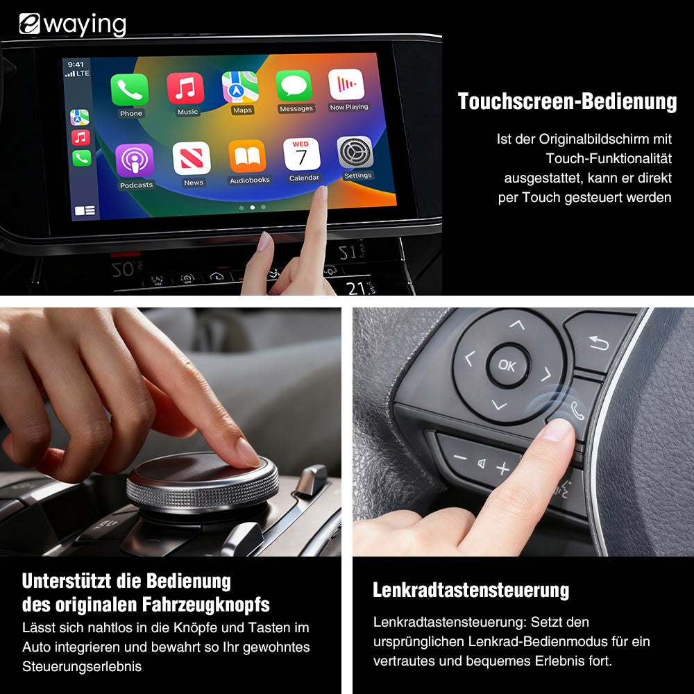 Der 2-in-1-Adapter für CarPlay und Android Auto wandelt eine kabelgebundene Verbindung in eine drahtlose um und ist über USB mit Fahrzeugen kompatibel, die über CarPlay oder Android Auto verfügen.