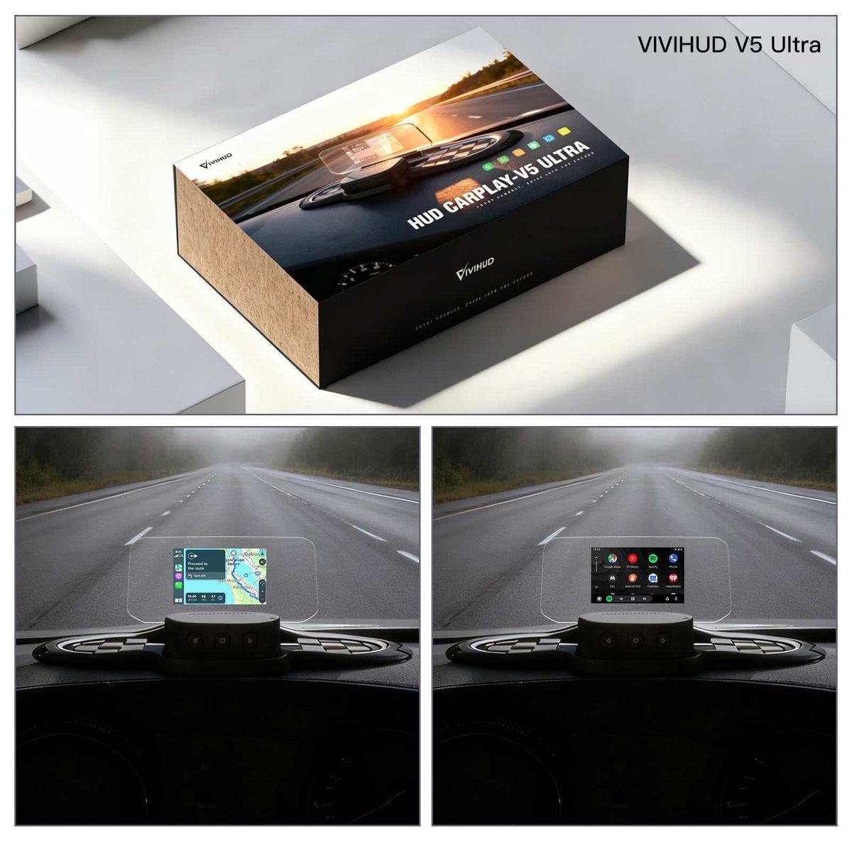 VIVIHUD Wireless CarPlay Android Auto V5 Ultra HUD Für Auto Head-Up Display Mit OBD Dashboard Im Fahrzeug Bluetooth GPS Navigation Geschwindigkeit